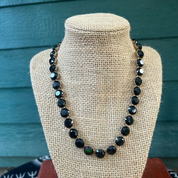 Vintage Jewelry - Black Glass Mourning Stones  Vintage Gold Tone Heavy Necklace